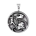 Triathlon pendant has raised swirls separating our swimmer, biker and runner girls.