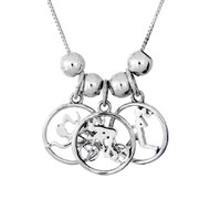 This Triathlon sterling silver necklace features our Milestones Melody Swimmer, Biker and Runner in cutout circle charms with sterling silver spacer beads to separate them form each other. It comes on a sterling silver box chain.