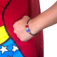 Close-up of model wearing Wonder Woman European bracelet and matching Wonder Woman Running costume