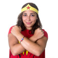 Model wearing Wonder Woman European bracelet and matching Wonder Woman Running costume