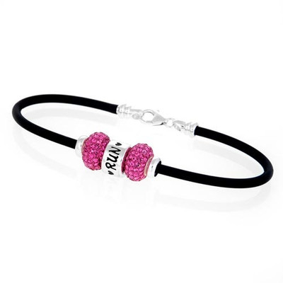 RUN European bracelet with 2 pink Swarovski crystal beads on a rubber bracelet.