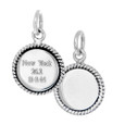 Front and back of engraved charm in sterling silver