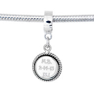 Custom engraved round charm in sterling silver with engraving for race name, distance and date. hangs on a silver charm carrier.