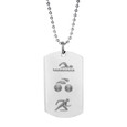 Triathlon symbols on front of dog tag on a ball chain.