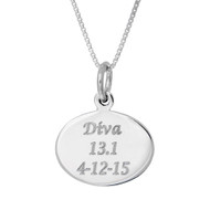 Front view of oval custom engraved charm on a box chain