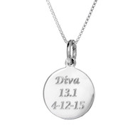 Round custom sterling silver engraved finisher charm on a box chain.