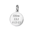 Round custom sterling silver engraved finisher charm.