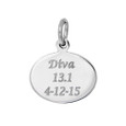 horizontal oval custom engraved finisher charm. Name of race, date and distance engraved.