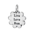 Pewter flower-shaped mini charm with Live Love Run in the center.
