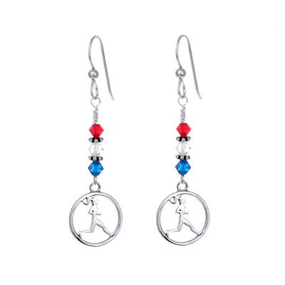 Runner Girl circle earrings with red, clear and blue Swarovski crystals.