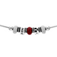 Close up of Ironman bracelet feature 140.6 bead, triathlon bead and crystal beads.