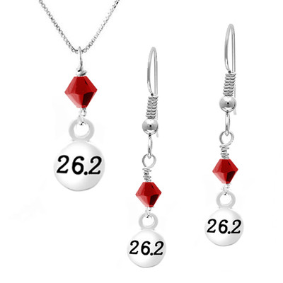 26.2 necklace and earring set with red crystal drops.