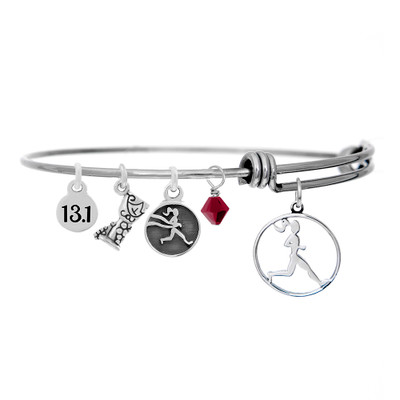 Bangle bracelet with runner girl, wine glass and 13.1 mini charms. 