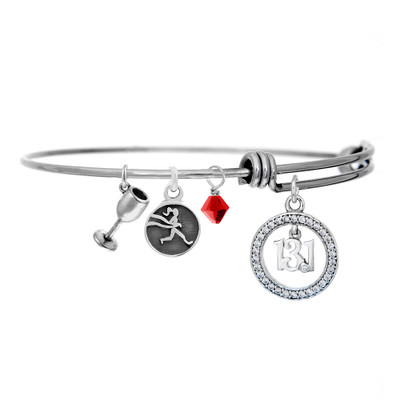 13.1 wine and run bangle bracelet with red crystal drop.