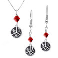Triathlon round charm necklace and earring set with red crystals.