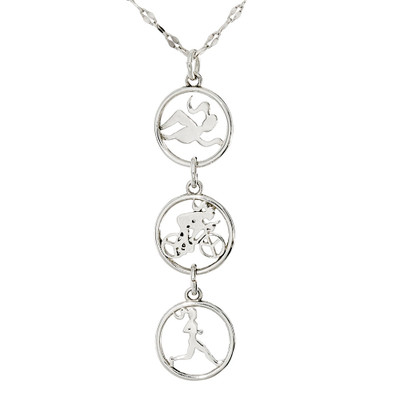 Triple charm vertical necklace with swimmer, biker and runner round charms.