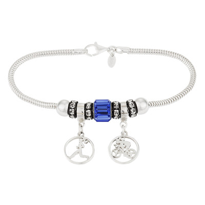 Sterling Silver European bracelet with runner girl and biker girl round dangle beads and crystal beads.