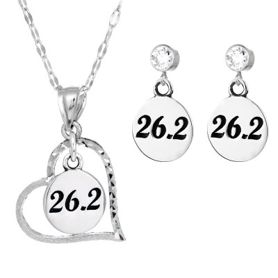 26.2 heart necklace with 26.2 round earrings on cubic zirconia posts.