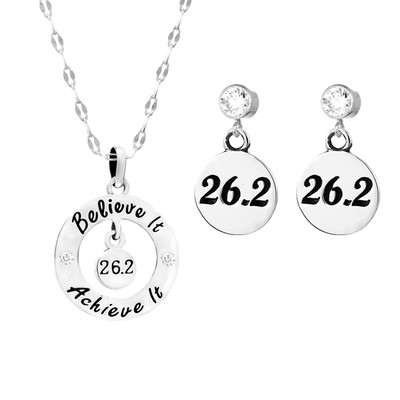 26.2 believe it, achieve it necklace with 26.2 round charms on cubic zirconia stud earrings.