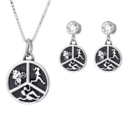 Round Sterling silver Triathlon necklace and matching earring set. 