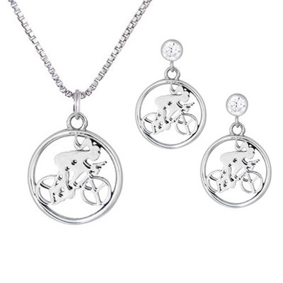 Cycling Girl Necklace & CZ Post Earrings Set