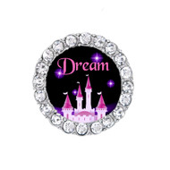 Round black and pink sneaker charm princess castle with rhinestones around the outside.