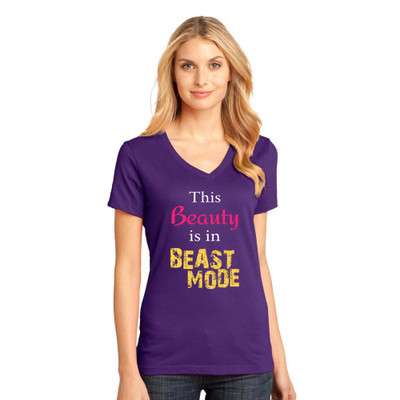 purple tech v-neck tee with "This Beauty is in Beast mode" design.  