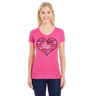 Front view on model of Pink sparkle v-neck t-shirt with heart motivational design.