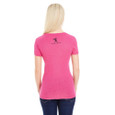 back view on model of Pink sparkle v-neck t-shirt with Milestones runner girl logo.
