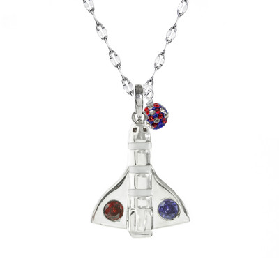 sterling silver space shuttle adorned with a red and blue crystal on star chain with a  red, white, blue crystal drop. 