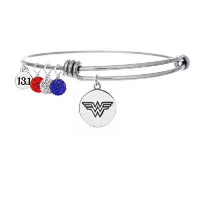 Wonder Woman Adjustable Bangle bracelet with red, clear and blue pave drops addn 13.1 mini charm. 
