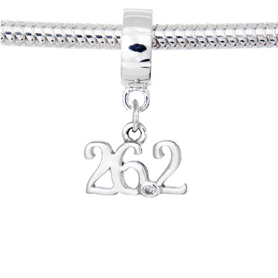 Sterling Silver 26.2 scripted charm on a Pandora style charm carrier. 