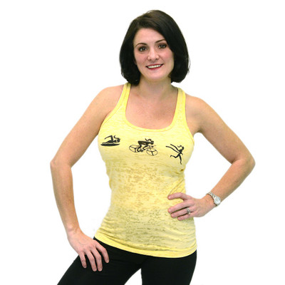 Banana cream yellow burnout  tank top with swim, bike and run girls on front.