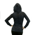 Back view of hoodie with the hood up.