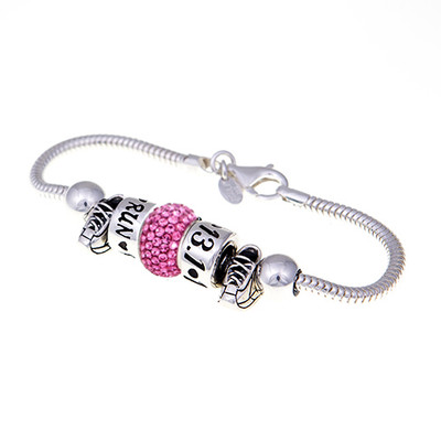 European Bracelet with 2 running shoe beads, pink swarovski crystal bead, RUN bead, and 13.1 bead.