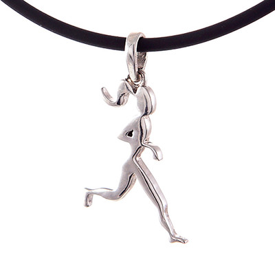 Sterling Silver runner girl charm on a black rubber cord necklace.