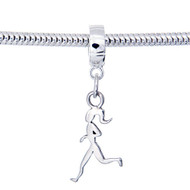 Sterling silver runner girl charm on a charm carrier to fit Pandora style bracelets.