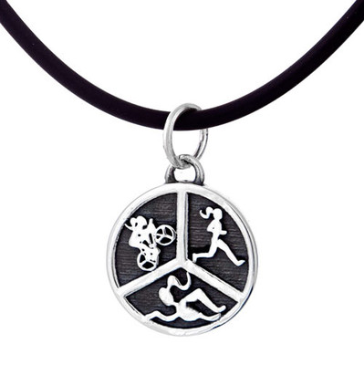Triathlon charm cord necklace featuring swimmer girl biker girl and runner girl symbols. 