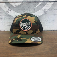 This has been a shop exclusive for awhile, now you can order it online.  The classic Standard 3/4 mesh trucker hat with new G63 sewn on patch. 
Camo front, black mesh black.
Snap back adjustable, one size fits all, low profile.