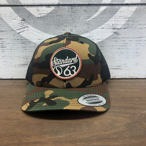 This has been a shop exclusive for awhile, now you can order it online.  The classic Standard 3/4 mesh trucker hat with new G63 sewn on patch. 
Camo front, black mesh black.
Snap back adjustable, one size fits all, low profile.
