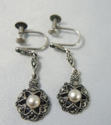 Art Deco Sterling Silver Marcasite Cultured Pearl Drop Earrings Germany