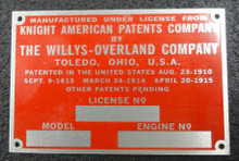 Engine Identification Tag 1920 and up Willys-Knight