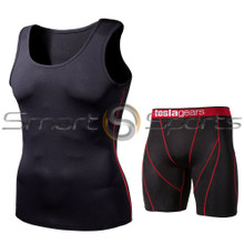 Sleeveless Compression Top & Shorts Black Red 2 Pack SET | Tesla