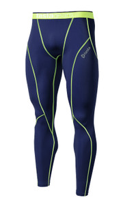 Mens Compression Navy Lime Long Pants Gym Workout Fitness Tesla