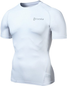 Mens Compression White Short Sleeve Skins Gym Workout Fitness Tesla