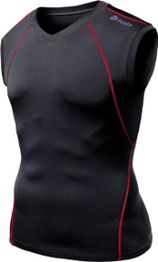 Mens Compression Black Red V-Neck Sleeveless Skins Gym Workout Fitness Tesla
