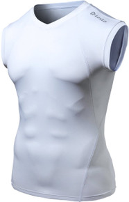 Mens Compression White V neck Sleeveless Skins Gym Workout Fitness Tesla