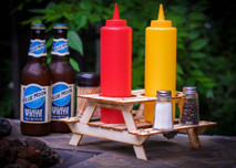 Beer holder and condiment rack, a mini 3D Picnic Table kit. Useful centerpiece and hysterical coaster for drinks!