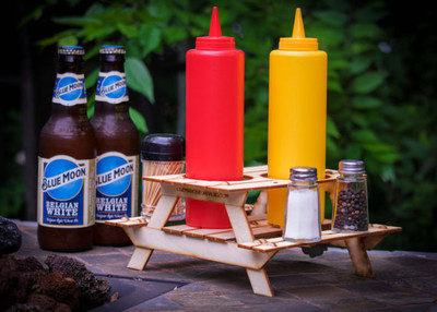 Beer holder and condiment rack, a mini 3D Picnic Table kit. Useful centerpiece and hysterical coaster for drinks!