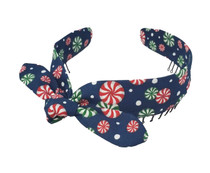 Headband - Peppermint Candy On Navy Bow Faux Tie